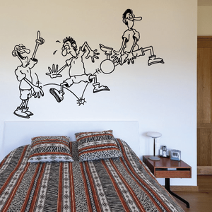 Rugby player activity wall decal, black line art of four players with ball and kicks