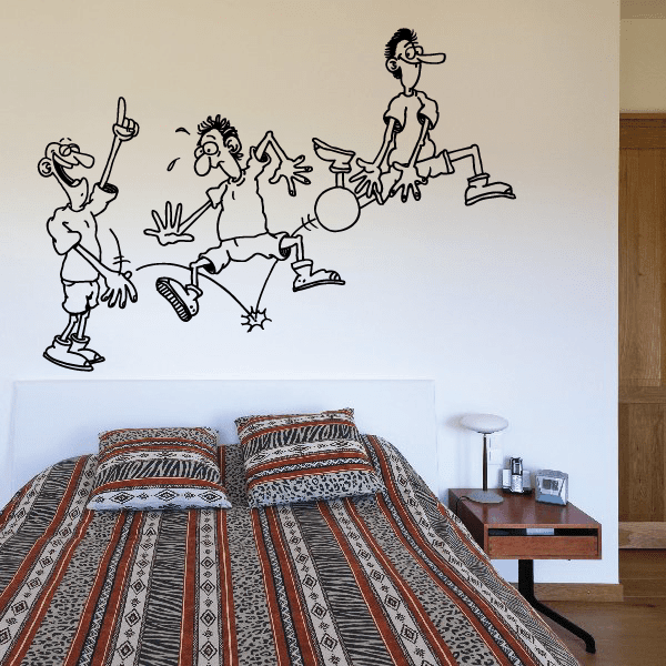 Rugby player activity wall decal, black line art of four players with ball and kicks