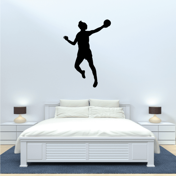 Rugby player jump silhouette wall decal, black pose over bed