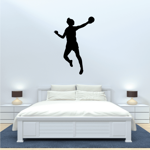 Rugby player jump silhouette wall decal, black pose over bed
