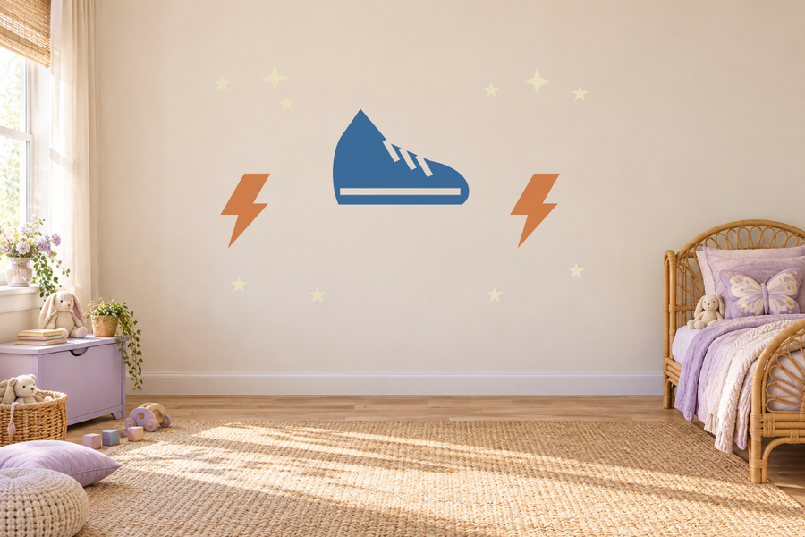 Wall decal set with blue energy track, orange lightning bolts, and small star sparkles