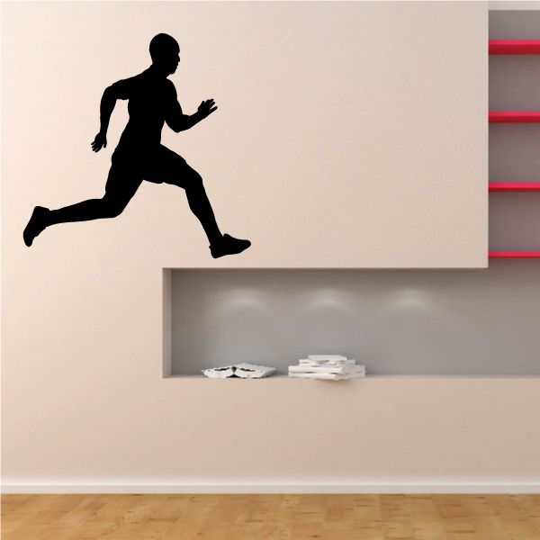 Black running male runner wall decal silhouette in mid-stride, running pose.