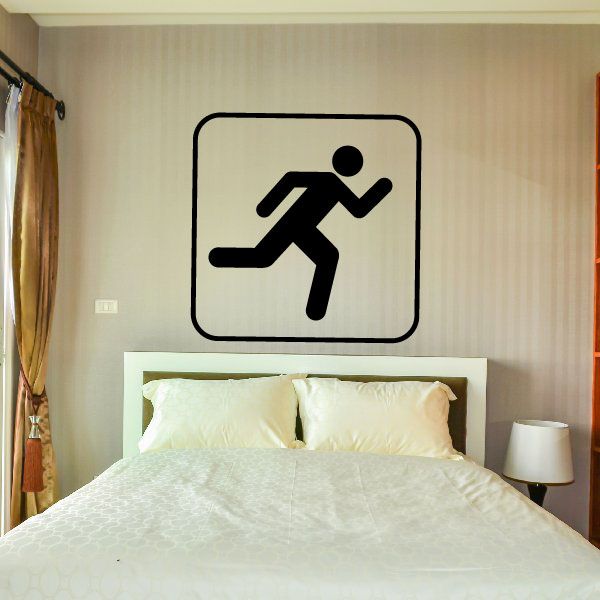 Running sign decal with black running figure icon in rounded square border