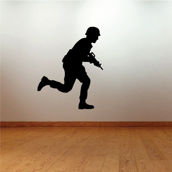 Running soldier decal silhouette holding rifle, black graphic sticker