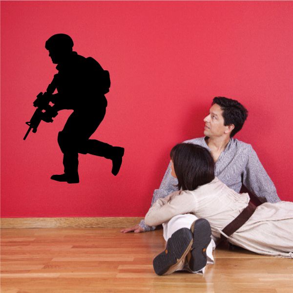 Running soldier with rifle wall decal, black silhouette