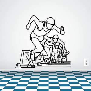Running wall decal vinyl with outlined racers and checkered track stripes