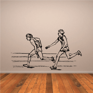 Running wall decal featuring two black vinyl runner silhouettes in motion lines