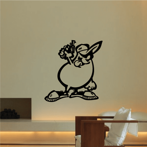 Black cartoon running animal wall decal holding sword, on white surface