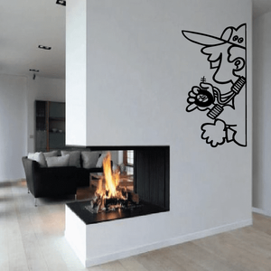 Black line-art cartoon wall decal with flowers on a light wall