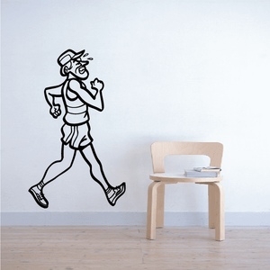 Black line cartoon running wall decal, runner with cap and outstretched arms