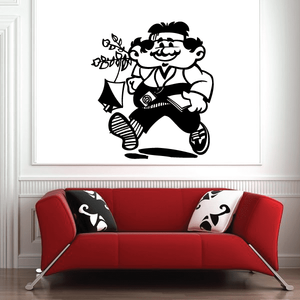 Black running cartoon wall decal of a boy with hat and backpack, vinyl