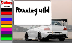 Running Wild decal, black stylized lettering on white rectangular backing