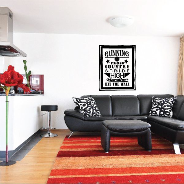 Black-and-white typography word collage wall decal with bold RUNNING text