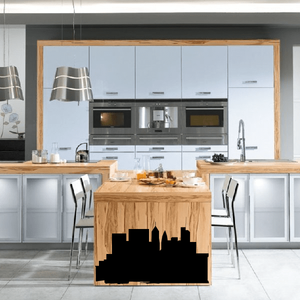 Black city skyline wall decal with varied building silhouettes