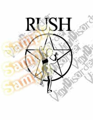 Rush band decal with black RUSH text and guitarist silhouette in a circle
