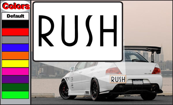 Square white decal with black 'RUSH' cursive text