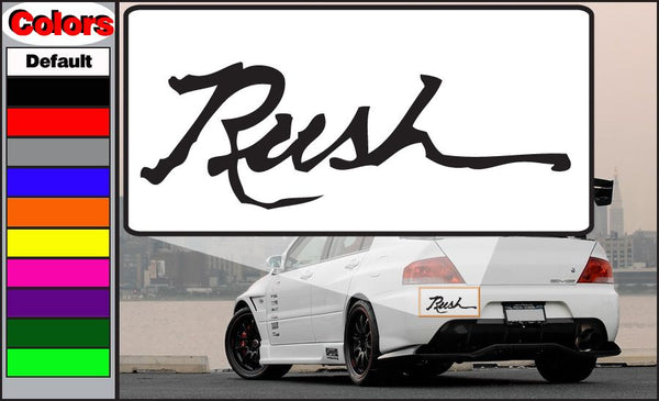 Rush decal with black cursive Rush lettering on white backing