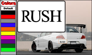 Rush text decal with bold black RUSH lettering on white background.
