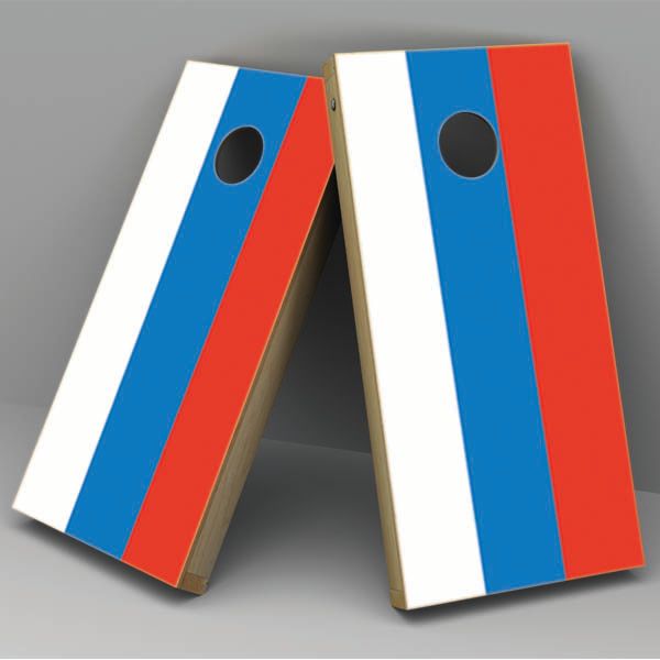 Cornhole board vinyl wrap with Russian flag stripes and black circular holes