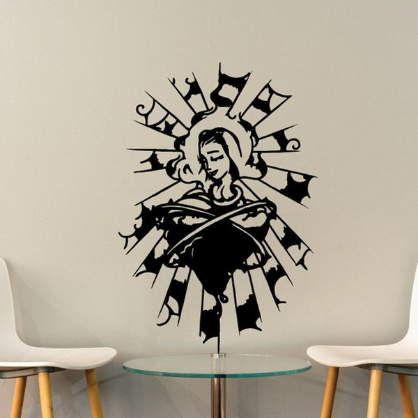 Sacred Heart Virgin Mary wall decal, black haloed figure with rays