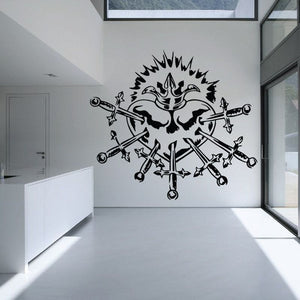 Sacred heart with swords decal with spiked crown and cross swords graphic