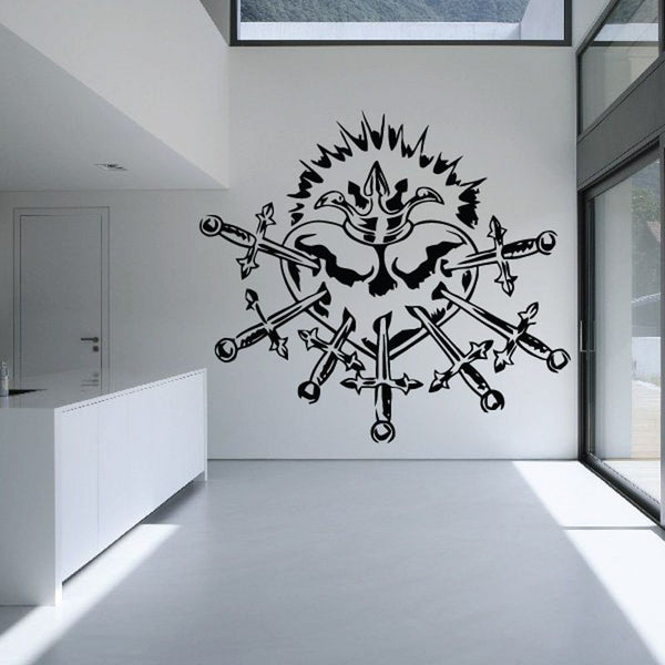 Sacred heart with swords decal with spiked crown and cross swords graphic