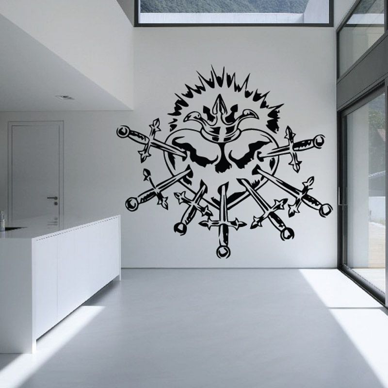 Sacred heart with swords decal with spiked crown and cross swords graphic