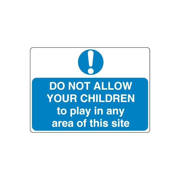Blue safety sign vinyl decal with exclamation mark and warning: Do not allow children play