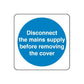 Safety sign decal: blue circle with white text, on a white square
