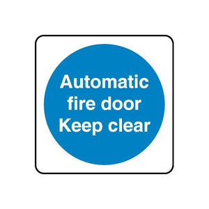 Safety sign wall decal with blue circle: 'Automatic fire door, keep clear'