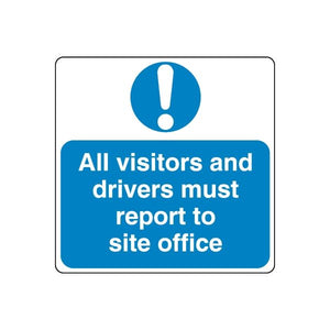 Safety sign decal: blue notice with white exclamation icon and text, site office warning