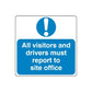 Safety sign decal: blue notice with white exclamation icon and text, site office warning