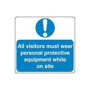 Safety sign vinyl decal with blue exclamation and text: All visitors must wear PPE on site