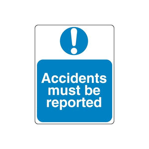 Blue safety wall decal with exclamation icon: Accidents must be reported