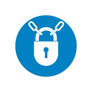 Blue safety sign sticker: white padlock with crossed keys in a circle.