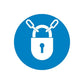 Blue safety sign sticker: white padlock with crossed keys in a circle.