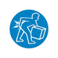 Blue safety sign vinyl sticker: white worker holding box with impact marks