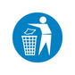 Vinyl safety sign sticker, blue circle with white worker and trash can icon