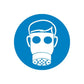 Safety gas mask sign vinyl sticker, white worker face on blue circle