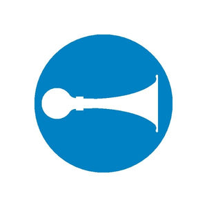 Blue circular vinyl sticker with white plug or outlet symbol