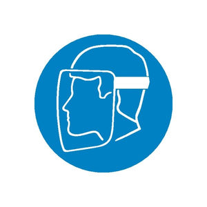 Blue circular safety sign vinyl sticker with white face-and-headset outline icon