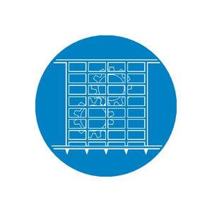 Blue circular safety sign sticker with white hazard grid design