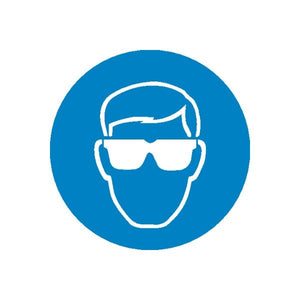 Blue circular safety sign sticker with white face and protective eyewear