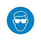 Blue circular safety sign sticker with white face and protective eyewear