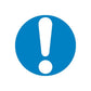 Safety warning sticker: blue circle with white exclamation mark