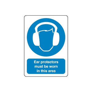 Safety sign decal with blue ear protection icon and 'Ear protectors must be worn in this area'