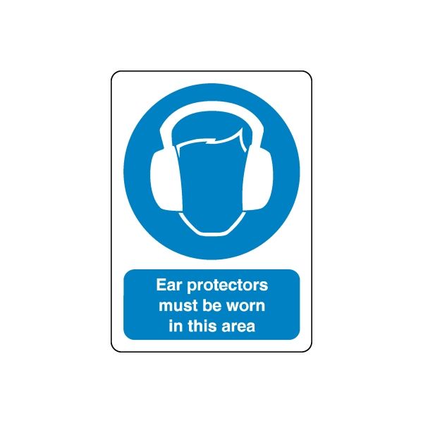 Safety sign decal with blue ear protection icon and 'Ear protectors must be worn in this area'