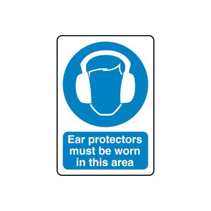 Blue ear-protector safety sign sticker with text: Ear protectors must be worn