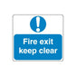 Fire exit safety sign decal, blue with white exclamation and 'Fire exit keep clear'