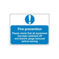 Fire prevention safety sign vinyl decal with blue text and exclamation mark